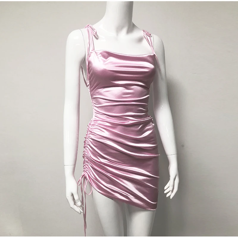 Colysmo женское платье летнее глянцевое эластичное облегающее платье Элегантное винтажное Плиссированное Мини Вечерние платья Сексуальное розовое платье с открытой спиной