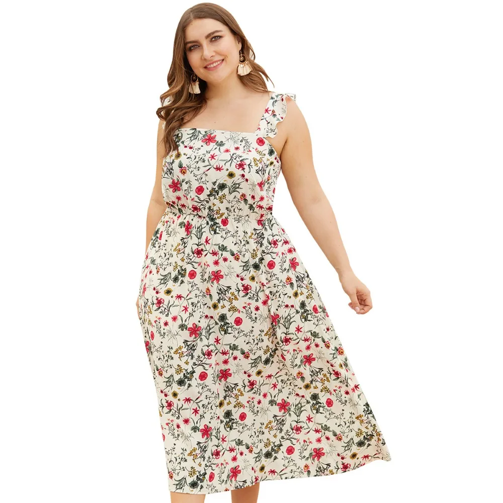 

WHZHM Ruffles Strap Dress Backless Sleeveless Flower Printed Dress Women Vestido Party Plus Size 3XL 4XL A-Line Sexy Beach Dress