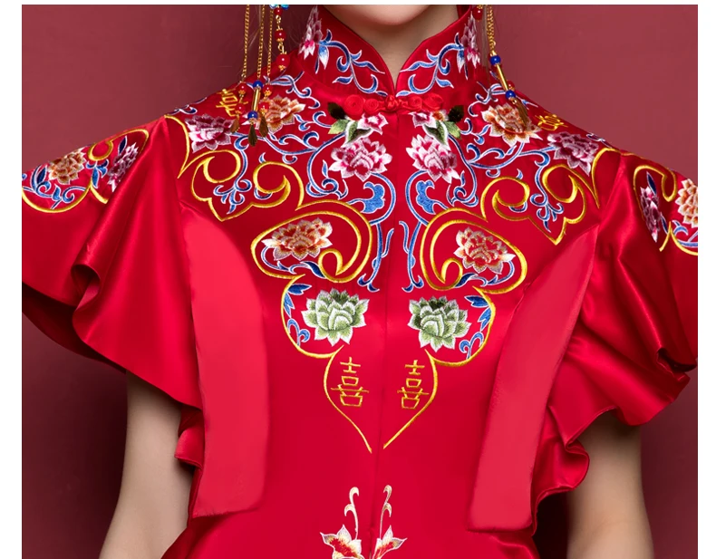 Для женщин Красный цветочные длинным рукавом Китайский Cheongsam халат платье Восточный Азиатский невесты красота Китайский традиционный