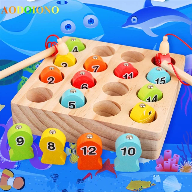 Kids Wooden Digital Magnetic Fishing Game Educational Toys for