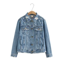 Прямая поставка, новинка, модная верхняя одежда, свободные пальто, рваные, с бусинами, жемчужинами, дырками, джинсовая куртка для женщин