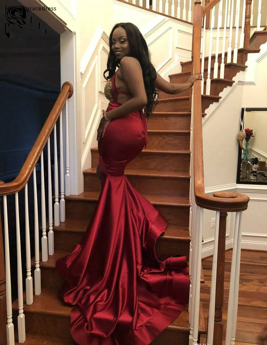 Dark Red With Gold Appliques Mermaid Prom Dresses For Black Girls Junior Graduation Evening Gowns Split V Neck Backless Women Vestidos 132 (9)