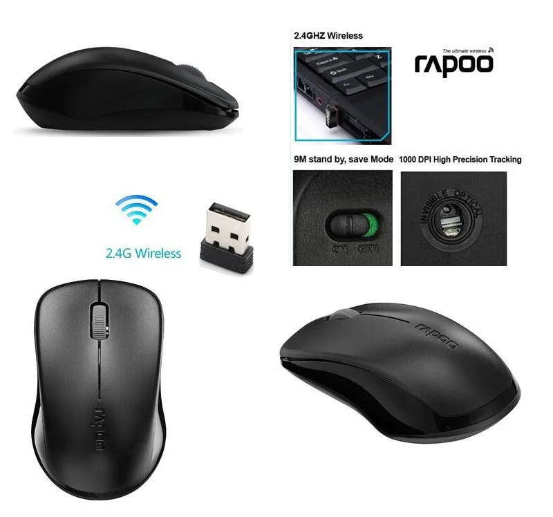 Rapoo Optical Wireless Mouse 2.4G USB Receiver 1300DPI Ergonomic For Macbook Mac OS apple/Windows Laptop PC Office Home Mice