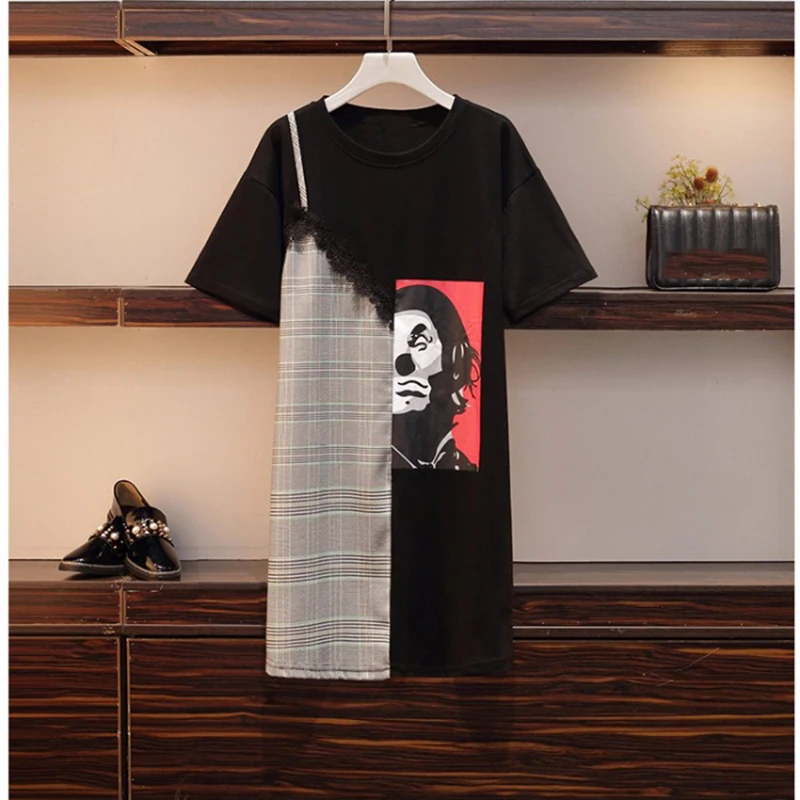 

2019 Summer Fashion Printted Dress Women Lace Plaid Patchwork Tshirt Dress Hit Color Harajuku Dresses Female Plus Size 4XL 5XL