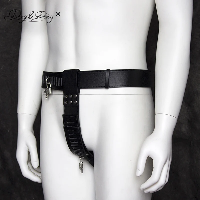 DAVYDAISY Men Chastity Belt Lock Latex Panties PU Leather Gay Fetish Thongs Sexy Lingerie Exotic Briefs Male Underwear UN532