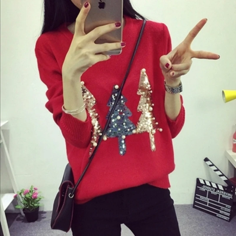 Winter Christmas Sweater Women Pullover New Hot Fashion O-neck Sequined Tree Long Sleeve Knit Pullovers Sweaters | Женская одежда