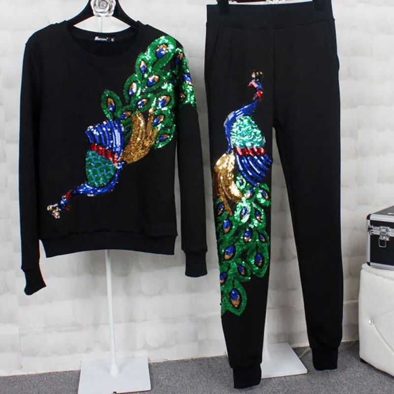 

Ton Women Suits 2016 New Autumn Winter Fashion Velvet Long Sleeve Women 2 Piece Set Sequined peacock Pants Suits+Hoodies Sets