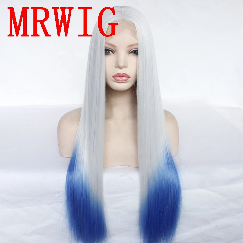 

MRWIG Silver Grey Ombre Blue Middle Part Synthetic Lace Front Wig
