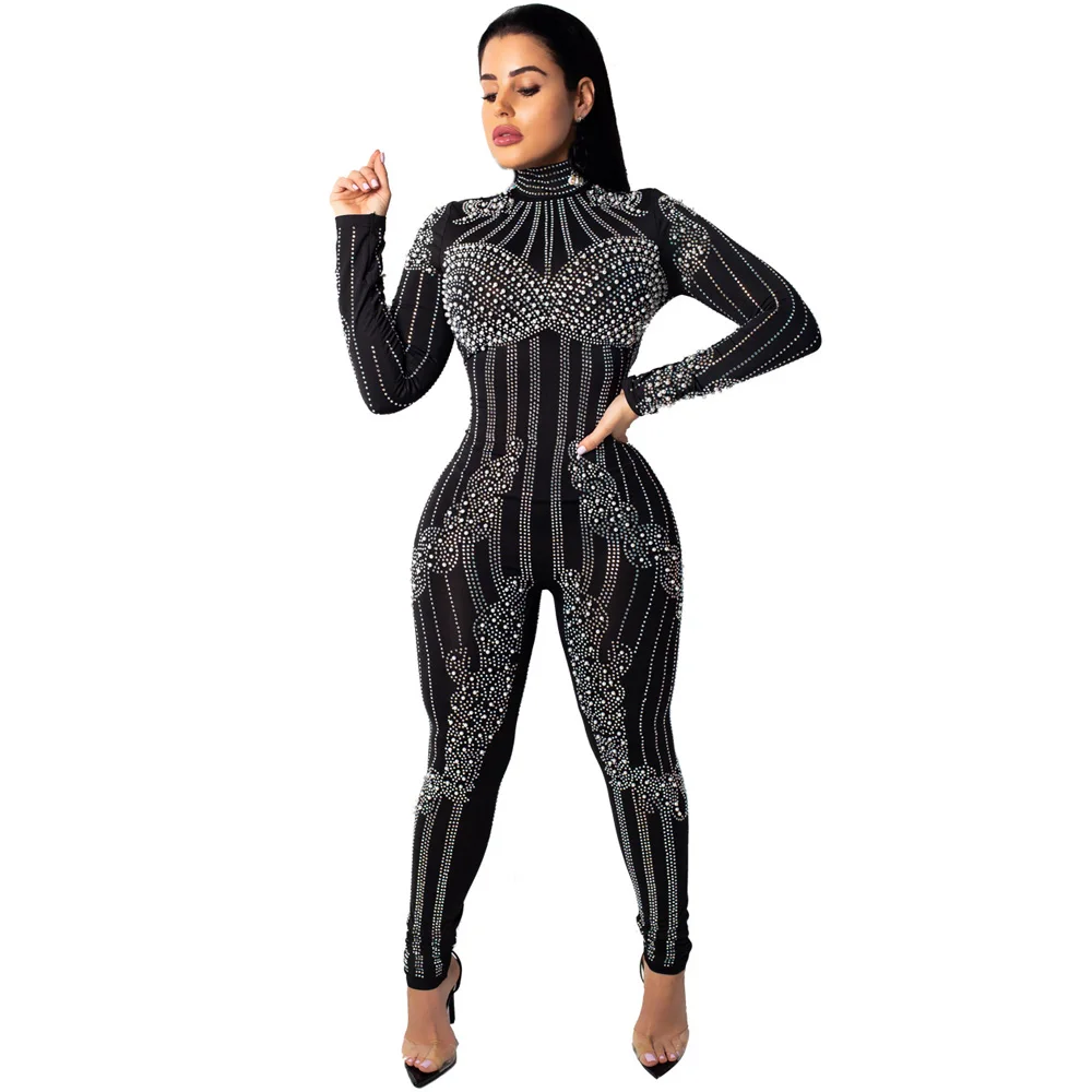 Women Beaded Embellish Jumpsuit Rhinestone Diamonds Overalls Mesh Patchwork See Through Skinny Bodysuits Clubwear Party Catsuit