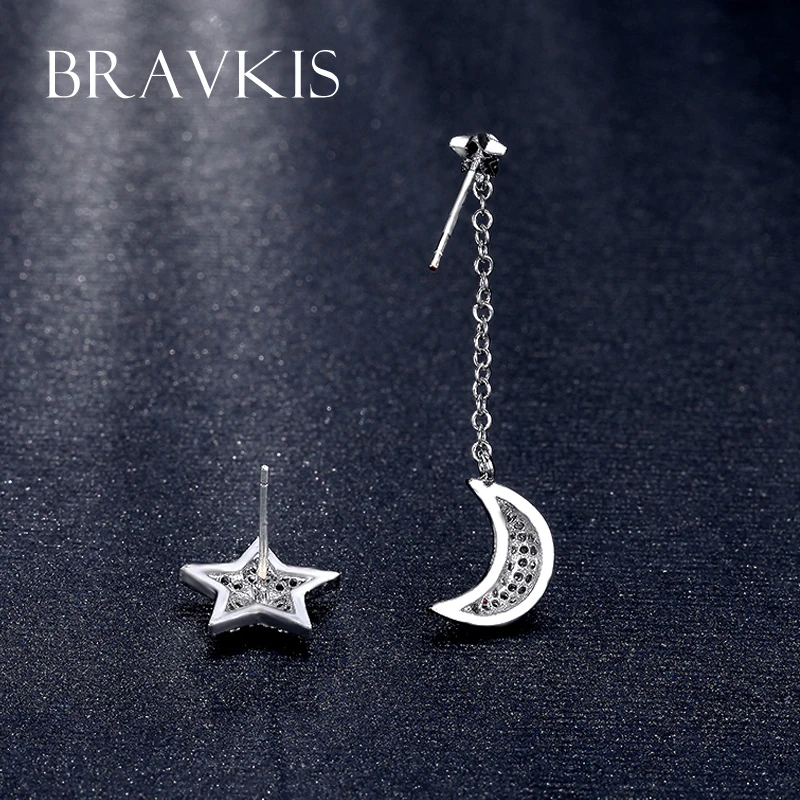 BRAVEKISS cz crystal pendant pending drop ear piercing moon star chain earrings dangle mismatched for women longos BUE0196B - Image 6