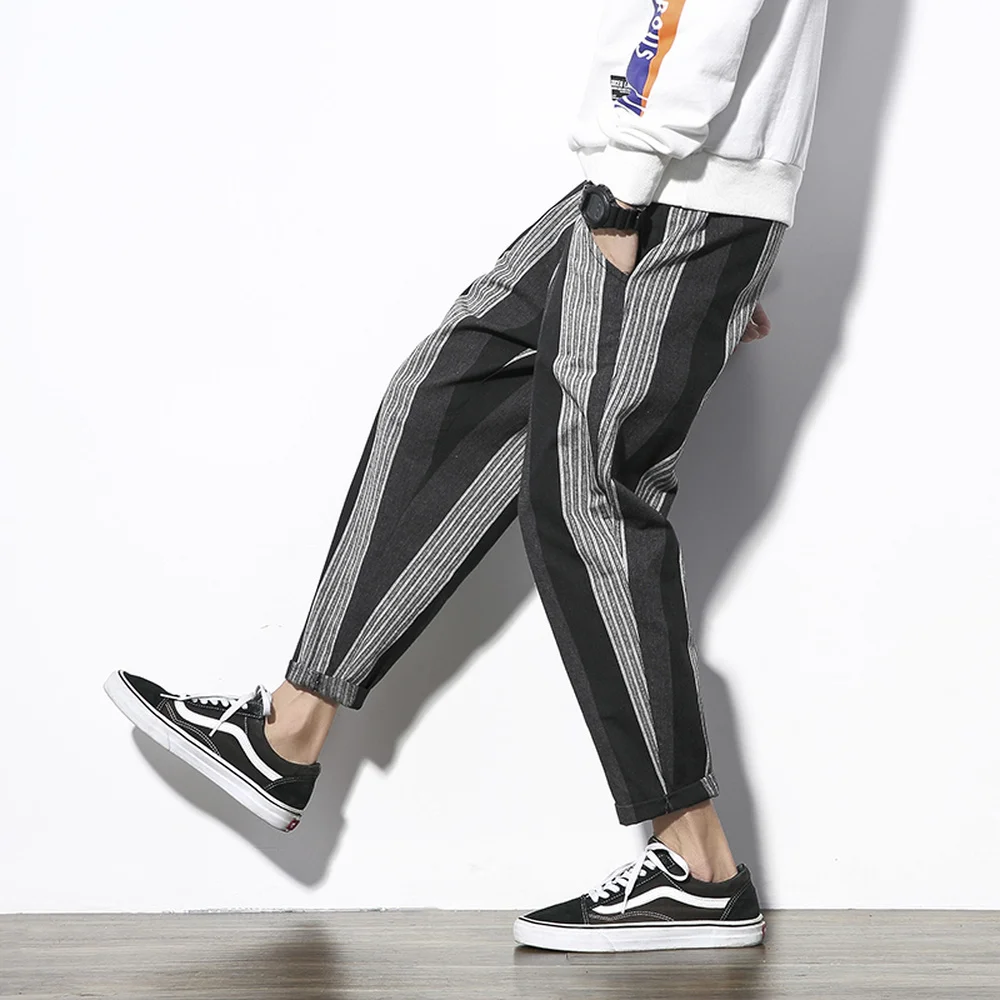 Men Pants Striped Trousers Ankle Length Pants Loose Mid Waist For Man Chinese style Clothes Cuff folded Large Size M-5XL