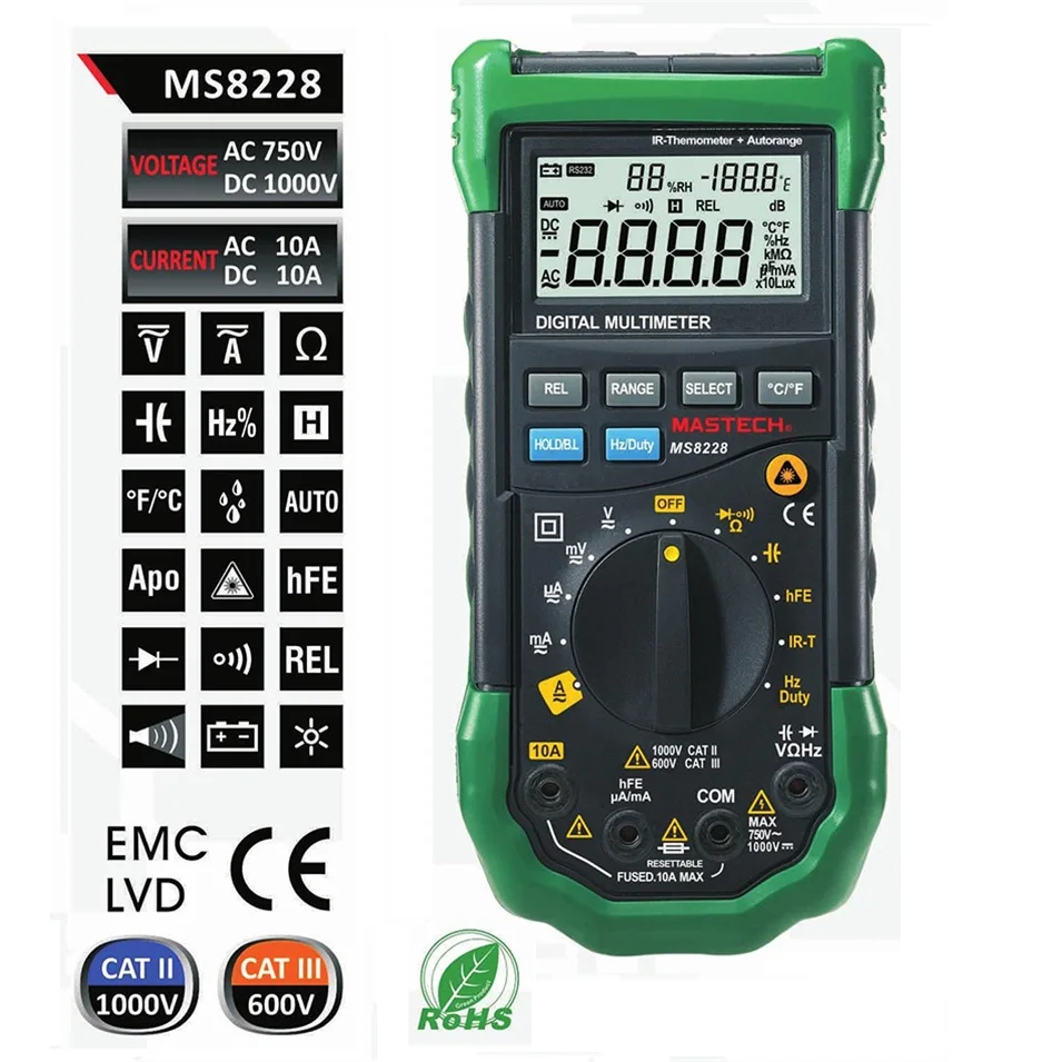 

MASTECH MS8228 Auto Range 4000 Counts Digital Multimeter Multifunctional Infrared Thermometer Environmental Hygrometer Meter