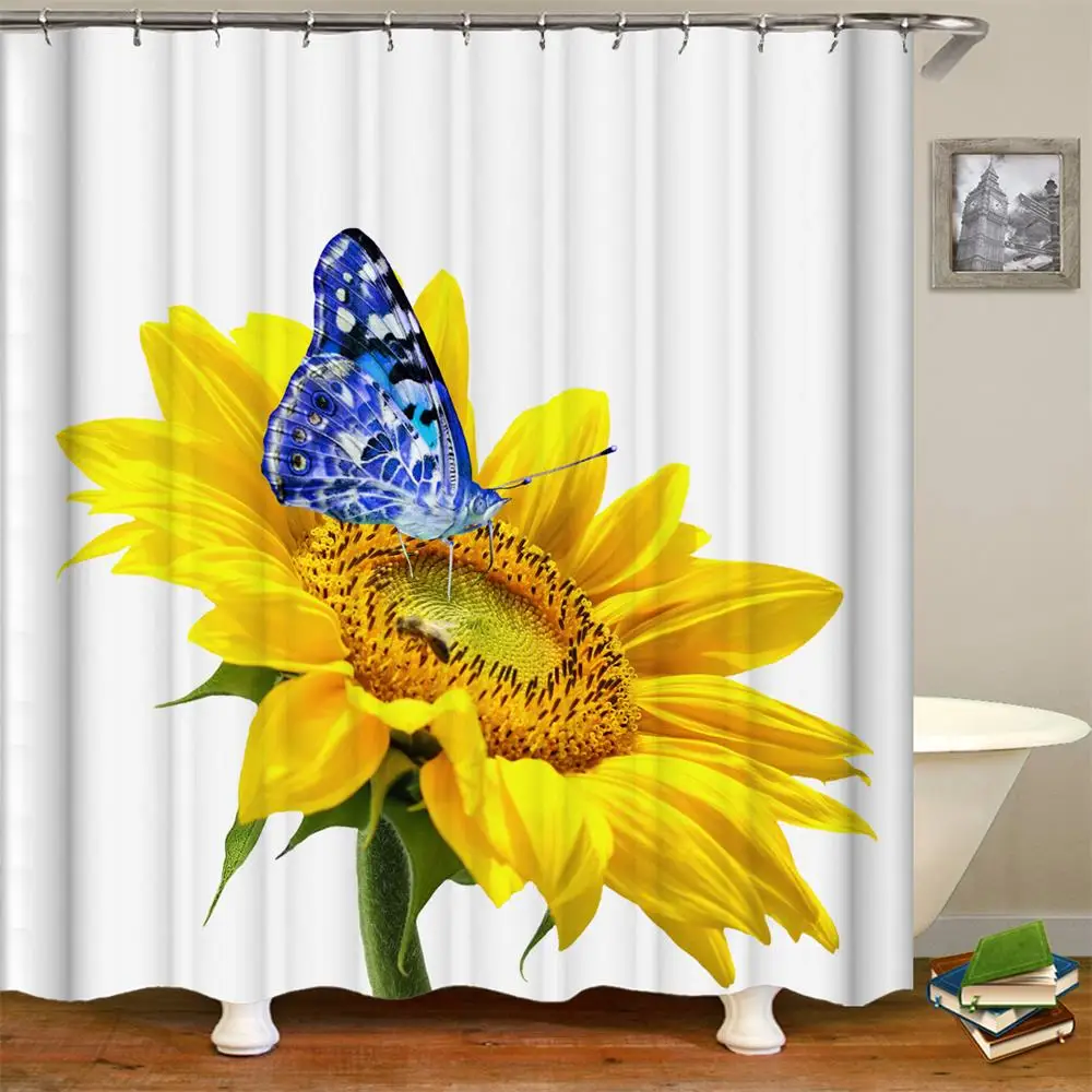 Sunflower Shower Curtain Spring Yellow Flowers With Butterfly Theme Bathroom Accessories Decor