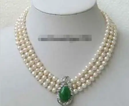 

Hot sale new Style >>>>>3 Rows Real White Pearl 18KWGP Green Jade Crystal Pendant Necklace