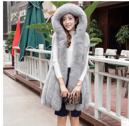 

Womens Casual Plus Size Imitation Fox Fur Vest Long Section Hooded Female Vest Jacket Four Colors Fur Waistcoats For Ladies K431