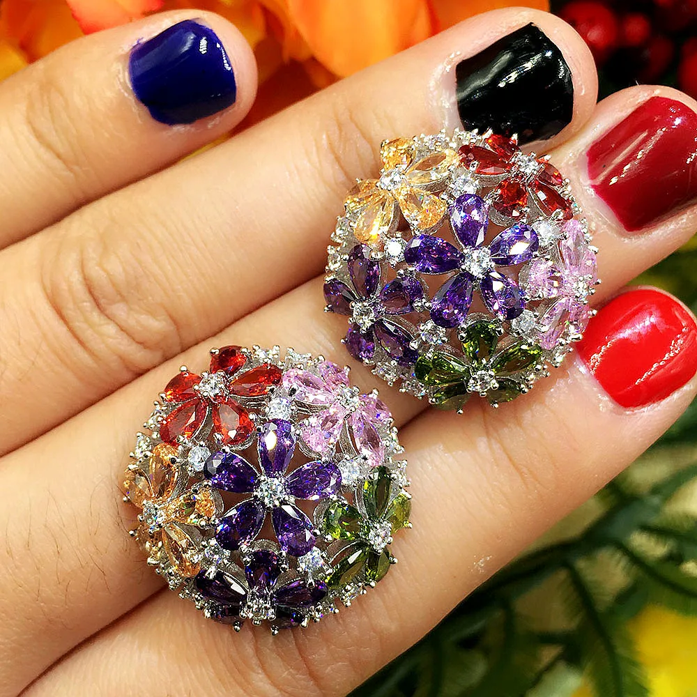 

SISCATHY Charm Round Multicolor Flower Full Micro Cubic Zirconia Earrings For Women Bridal Engagement Earring Jewelry Addiction