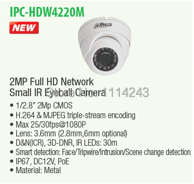 

Free Shipping DAHUA 2MP HD Network IE Eyeball Camera Waterproof IP67 Original English Version without Logo IPC-HDW4220M