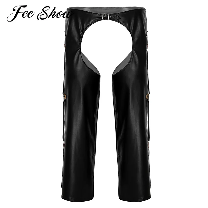 

Men Wild West Cowboy Costume Latex Pants Clubwear Gay Fetish Faux Leather Crotchless Chaps Loose Long Pants with Fringed Buckled