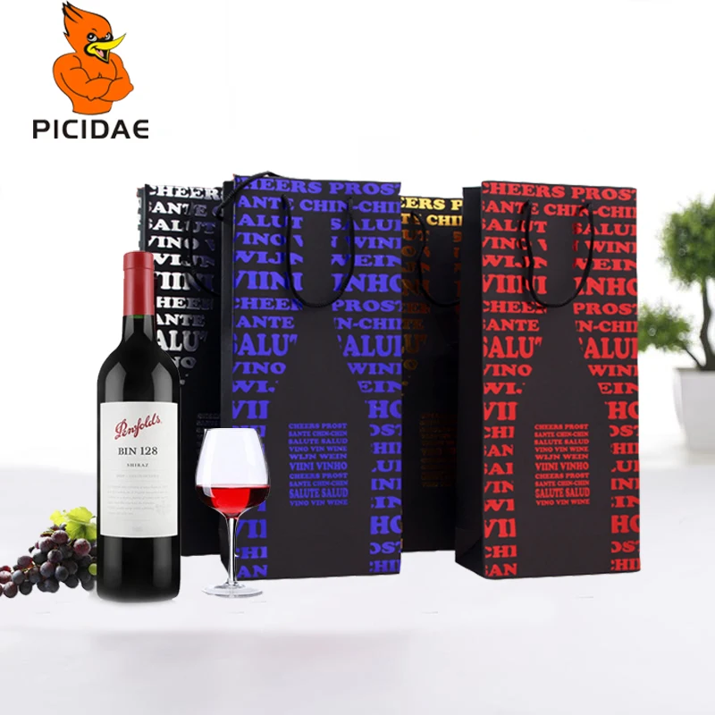 

Wine Gift Box Paper Packaging Bag New Year Eco Storage Portable Festival Boutique Handle Tote Hot Stamping Black Cardboard Rope