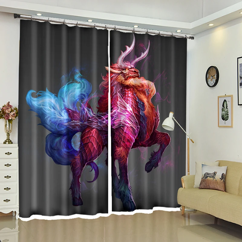 Customize 3D Blackout Window Curtains Cartoon Kirin Unicorn Pattern