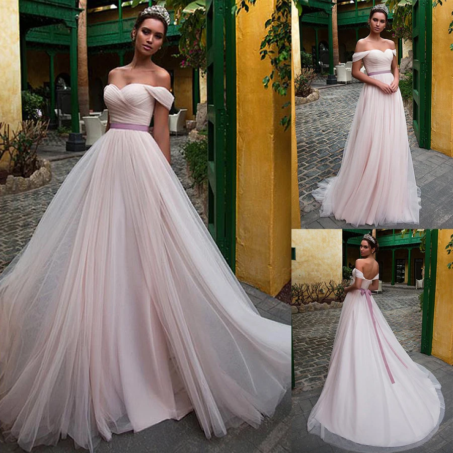 Элегантное Тюлевое свадебное платье трапециевидной формы с открытыми плечами и поясом, бледно-розовое свадебное платье, vestido de madrinha