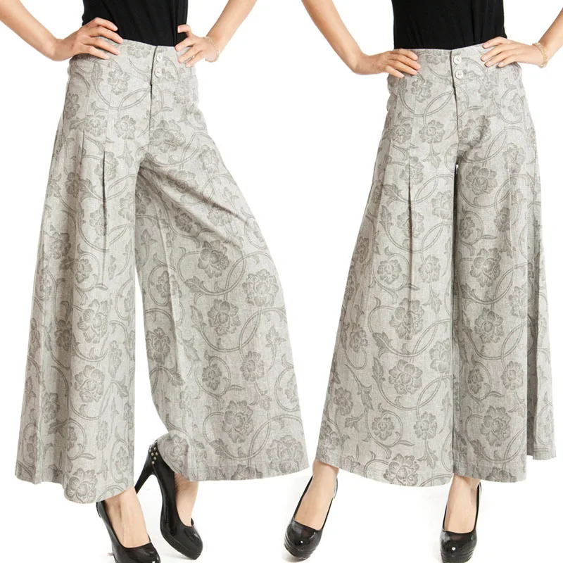 Casual Summer Womens Wide Leg Loose Floral Linen Ankle Length Pants Woman High Waisted Capris 5XL 6XL 7XL Culottes Trousers In From Casual Summer Womens Wide Leg Loose Floral Linen Ankle Length Pants Woman High Waisted Capris 5XL 6XL 7XL Culottes Trousers In From