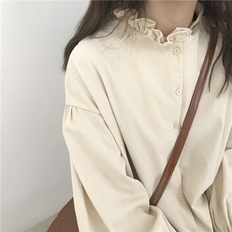 

Ruched Hem Super Cute Puff Sleeve Blouse Solid Color Kawai Shirt Women Top Chemise Femme Chemisier Blusa Mujer Camisa