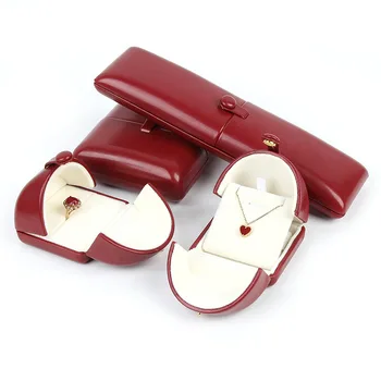

Wine Red PU Leather Jewellery Gift Box 1pcs Double Open With Button Ring Pendant Necklace Bracelet Packing Boxes Jewelry Shop