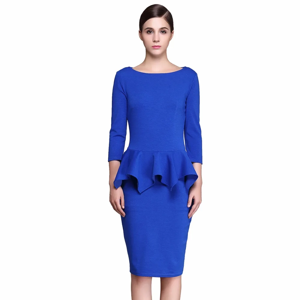 Yuerlian Skinny Ruffles Peplum Dresses Women Vintage Blue Business Work