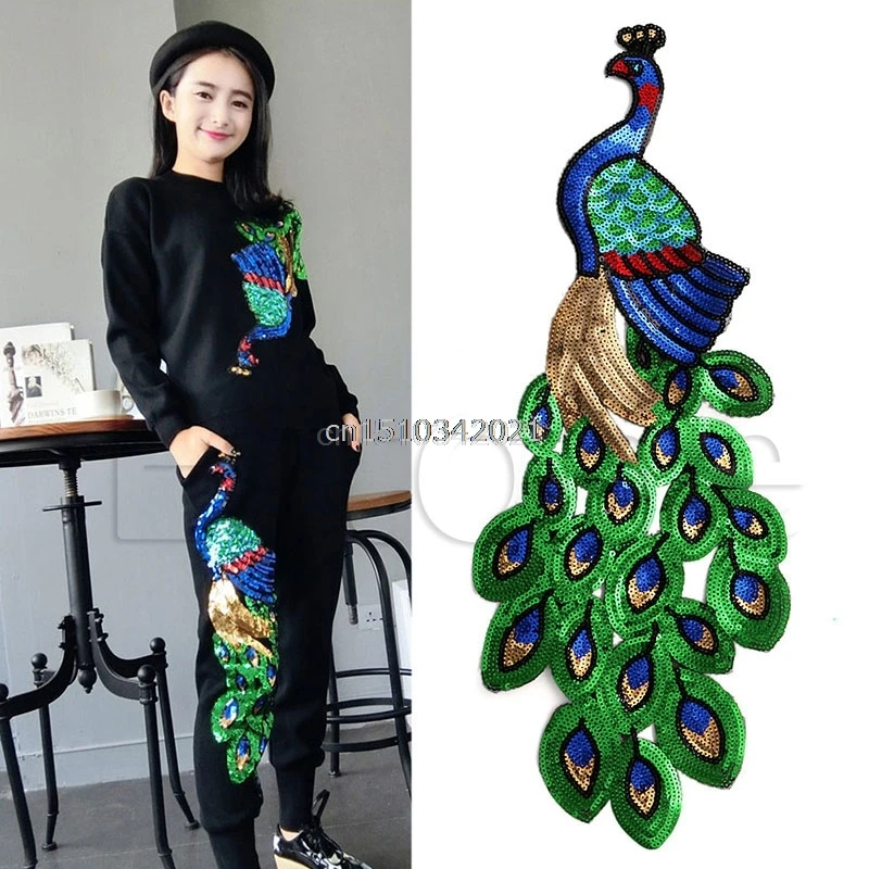 

Embroidered Green Blue Sequins Peacock Applique Sewing Trim Garment Decoration