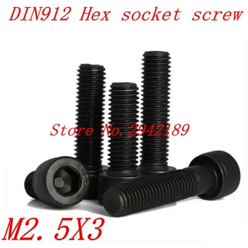 

100pcs/Lot Metric Thread DIN912 M2.5x3 mm M2.5*3 mm Black Grade 12.9 Alloy Steel Hex Socket Head Cap Screw Bolts