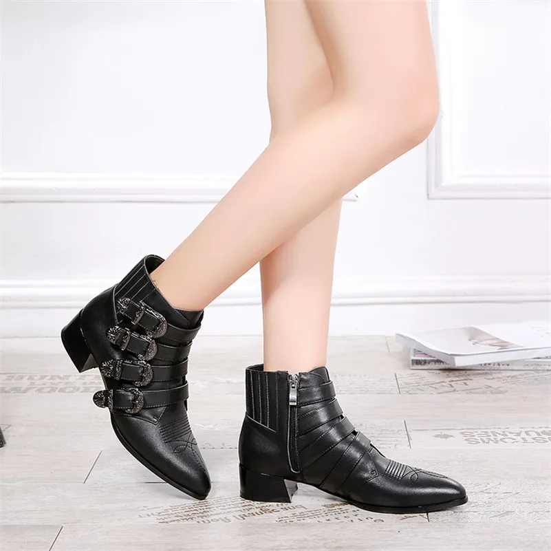 Automne Bottes Hiver Décoration Chaud Véritable Boucles Femme Noir Chaussures Talons Fedonas En Carré 1new Moto Femmes Cuir Cheville ngSFqx0t8w