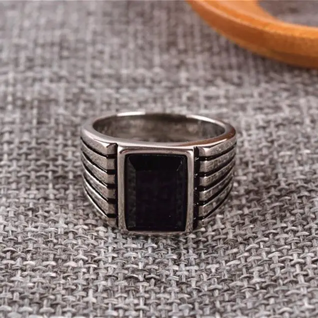 

Square Black Onyx Stone Simple Brief Design Band Ring Men In Stainless Steel Gold / Silver Color Cool Mens Jewelry