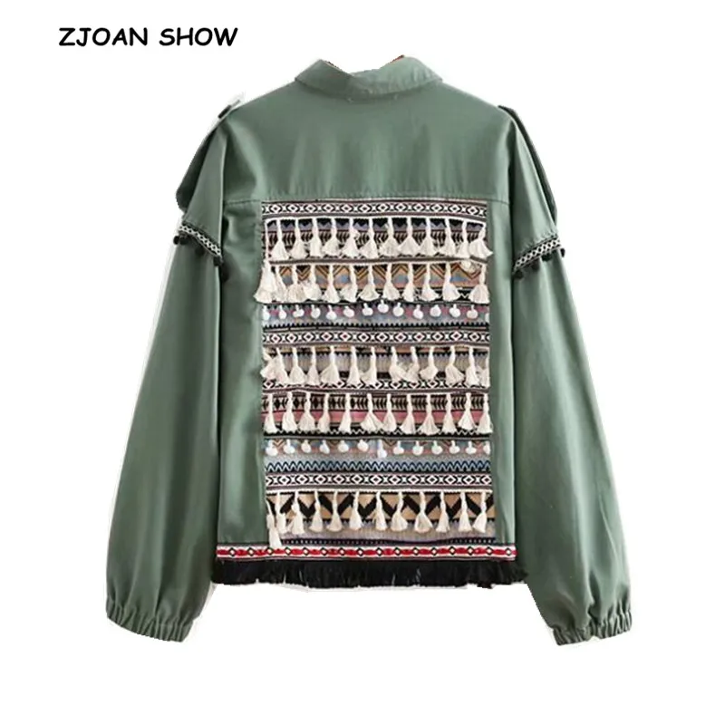 Safari лоскутное мяч кисточкой Army green Военная Повседневная куртка двойные карманы