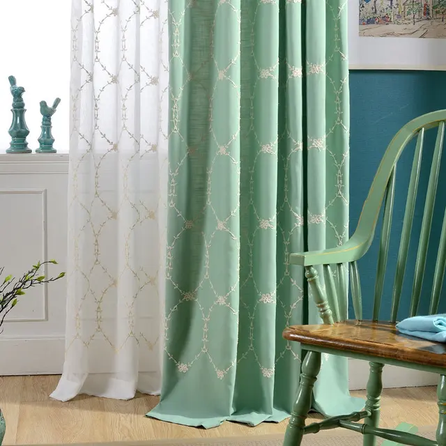 Simple Design New Green Embroidered Cotton Curtain Fabric Wholesale Modern Balcony Window Curtains Fabrics Luxury
