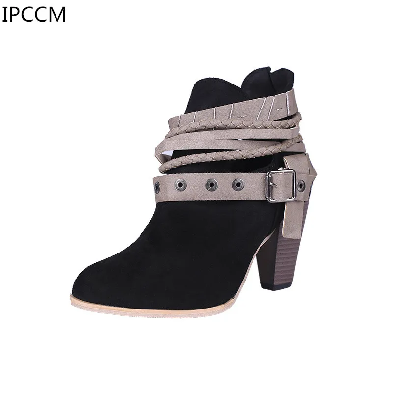 

Winter Europe And America Fashion Comfortable Elegant High-heeled Belt buckle Round Head Rivet Large Size Women's Boots