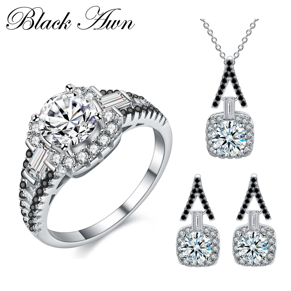 

[BLACK AWN] 925 Sterling Silver Fine Jewelry Sets Trendy Engagement Sets Ring+Earring+Necklace for Women PTR150