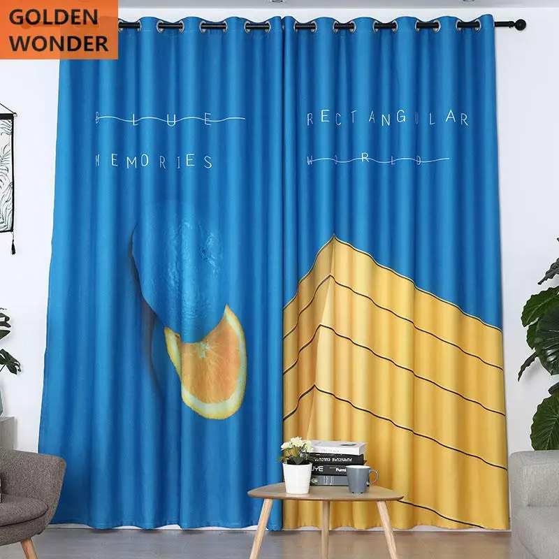

Fashion Blue Curtains Personality Simple Thick Shade Curtains For Living Room customized Finished For Window Door