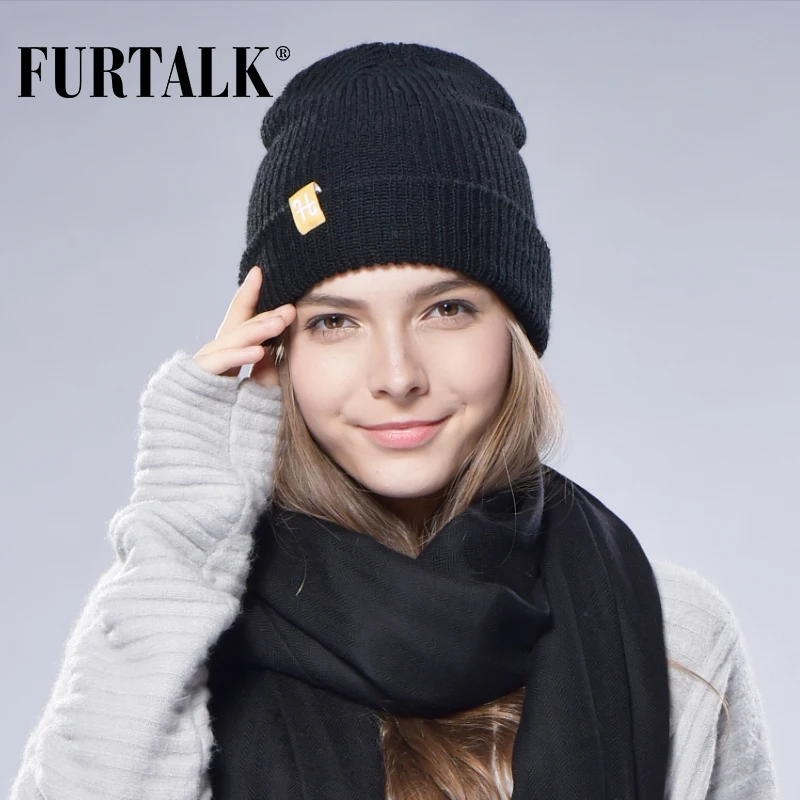 FURTALK Шерсть Вязаная ЗимняяШляпа Бини Шапка Женская Одинарная Шапки Крупной бини