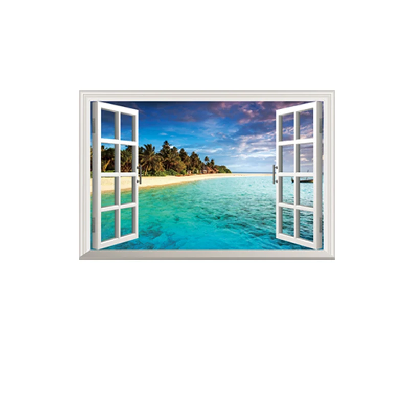 [SHIJUEHEZI] Fake Window Beach Island Wall Stickers for Living Room Kids Bedroom Decoration DIY Cartoon Clouds Wall Decals