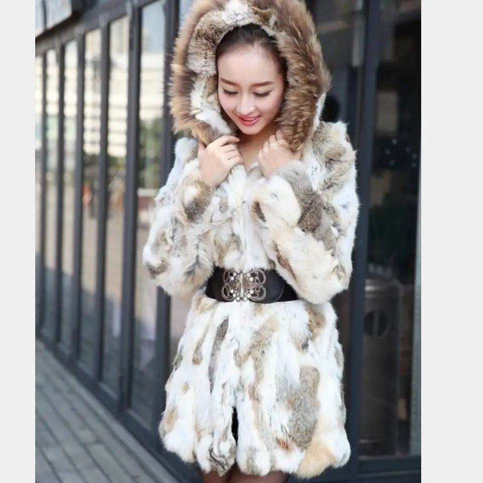 Free Shipping Genuine Rabbit Fur Coat with hood raccoon fur rabbit fur