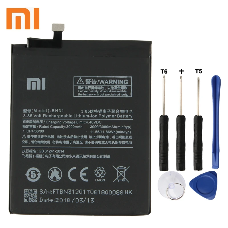 

Xiao Mi Xiaomi Mi BN31 Phone Battery For Xiao mi 5X Mi5X BN31 Xiaomi A1 Redmi Note 5A 2860mAh Original Replacement Battery +Tool
