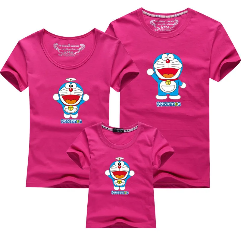 Doraemon/Новая летняя детская одежда для мальчиков и девочек Свободная Женская футболка с короткими рукавами одинаковые комплекты для отдыха для детей - Цвет: Rose Red