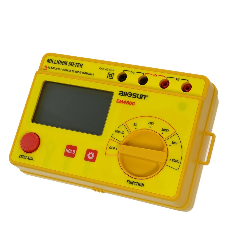 ALL SUN Yellow Milliohm Meter LCD 0.1M -20K in 6 Postions Accurate Wide Measurement Range Resistance Meter EM480C