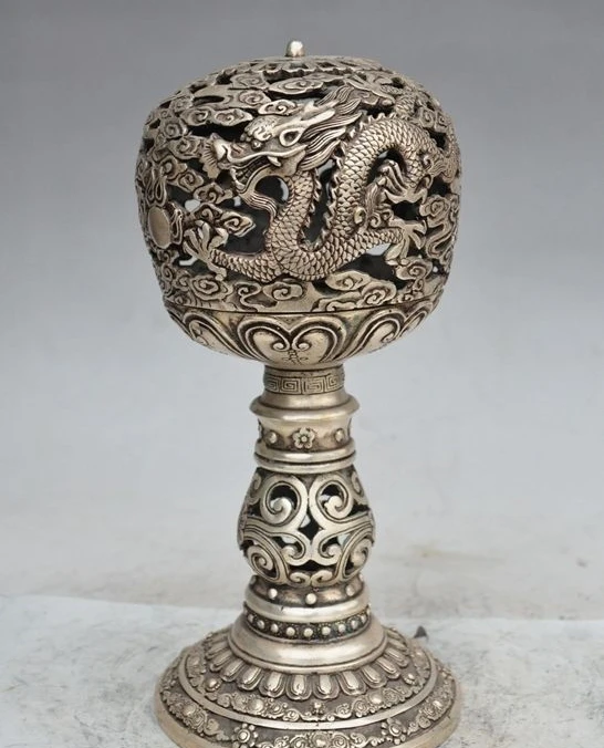 

11"chinese palace silver dragon play beads statue Pierced incense burner Censer