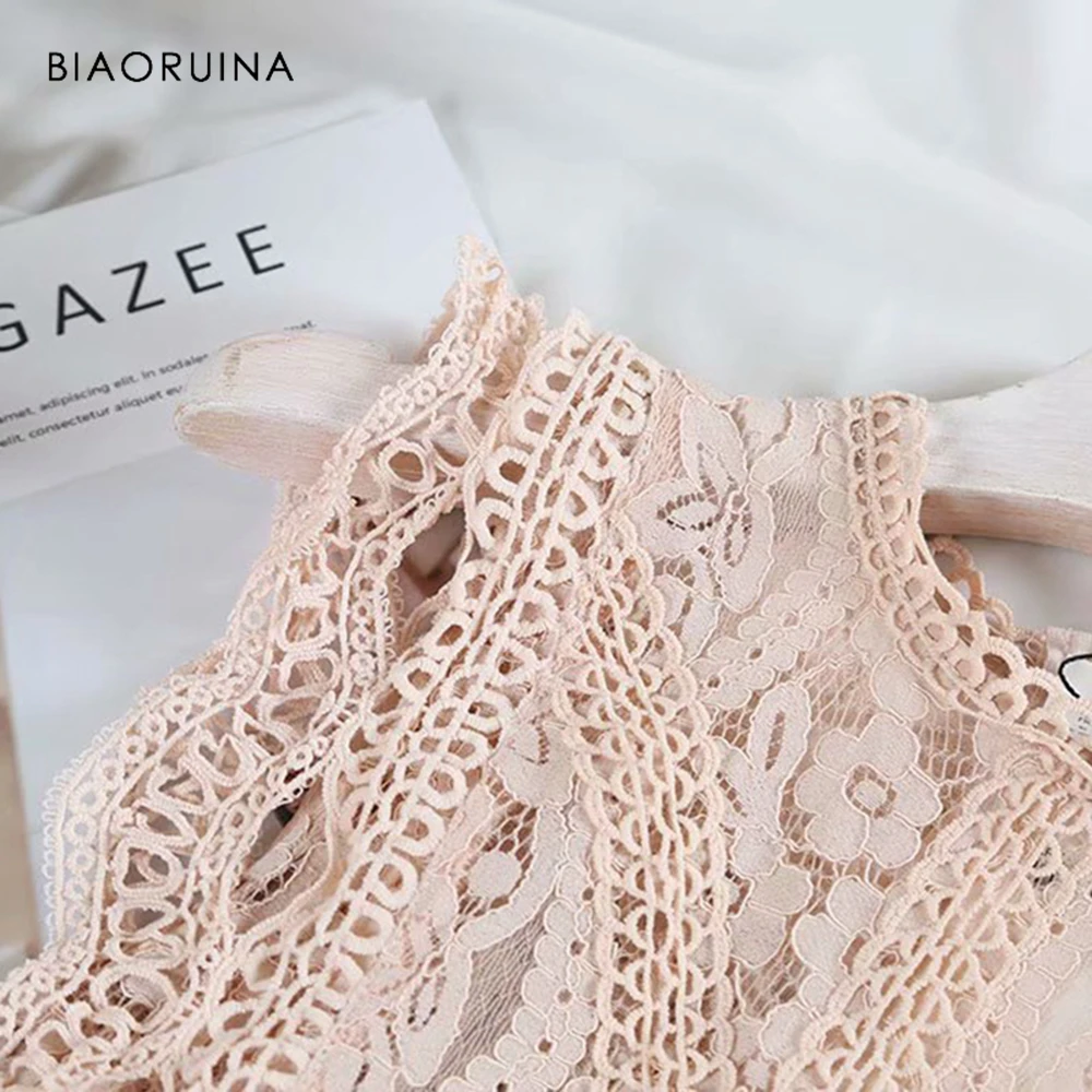 BIAORUINA النساء مثير الصلبة الدانتيل خليط كل مباراة تانك القمم الصيف الإناث خمر قدس خارج أكمام س الرقبة تانك القمم