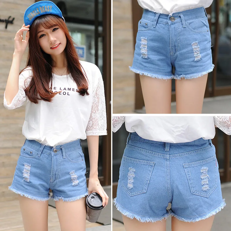 Europe Blue Crimping Women Shorts Trendy Denim Shorts High Waist Short