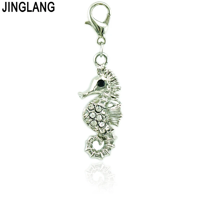 

JINGLANG Fashion Charm With Lobster Clasp Dangle White Rhinestone Sea Horse DIY Animal Pendant Jewelry Accessories 12pcs