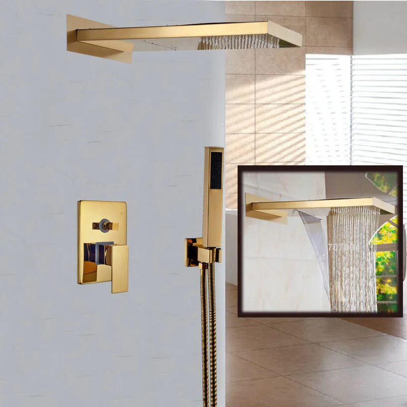 Brass Golden Wall Mount Waterfall Rain Showerhead Bathroom Shower Faucet Set with Handshower