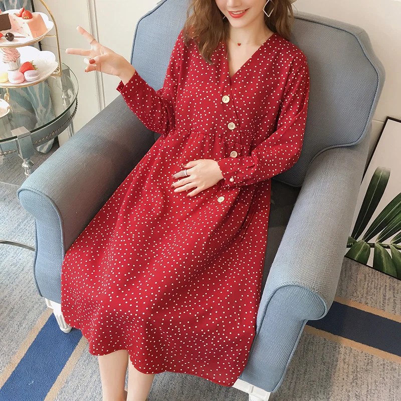 

Nursing Dress Top Women Long Sleeve Dot Red Breastfeeding Spring Dress for Feeding Maternity Pregnancy Clothes Plus Size